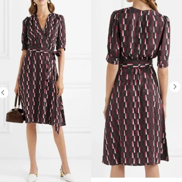 Cefinn Satin Midi Dress 14 Geometric Print V-Neck Waist Tie Work Office Classic - Picture 3 of 13